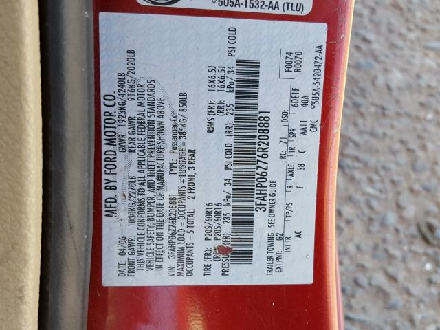 3FAHP06Z76R208881 - 2006 FORD FUSION S RED photo 10