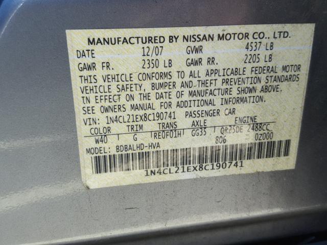 1N4CL21EX8C190741 - 2008 NISSAN ALTIMA HYB GRAY photo 10