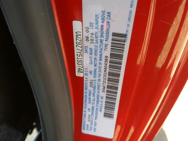 3VWCT21C01M404369 - 2001 VOLKSWAGEN NEW BEETLE 红色 照片 10
