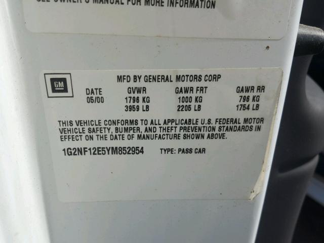 1G2NF12E5YM852954 - 2000 PONTIAC GRAND AM S თეთრი ფოტო 10