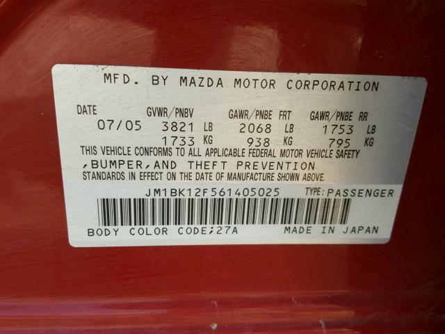 JM1BK12F561405025 - 2006 MAZDA 3 I RED photo 10