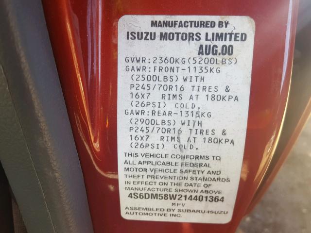 4S6DM58W214401364 - 2001 HONDA PASSPORT E ORANGE photo 10