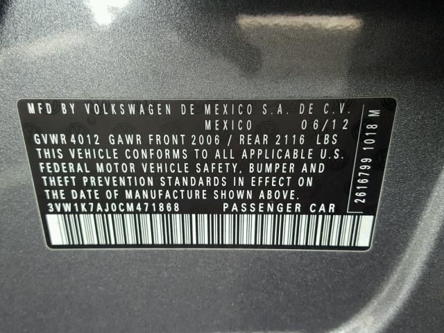 3VW1K7AJ0CM471868 - 2012 VOLKSWAGEN JETTA BASE 灰色 照片 10
