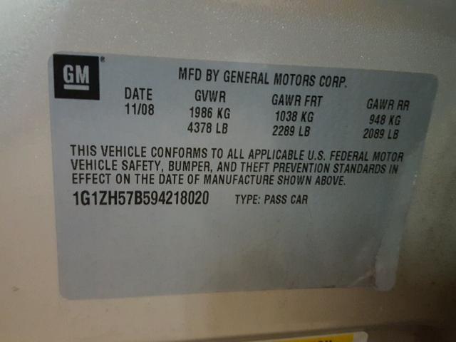 1G1ZH57B594218020 - 2009 CHEVROLET MALIBU 1LT 金色 照片 10