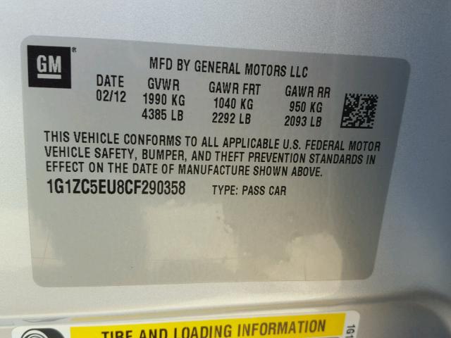 1G1ZC5EU8CF290358 - 2012 CHEVROLET MALIBU 1LT 银色 照片 10