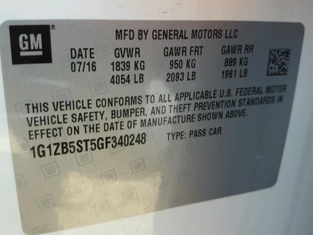 1G1ZB5ST5GF340248 - 2016 CHEVROLET MALIBU LS 白色 照片 10