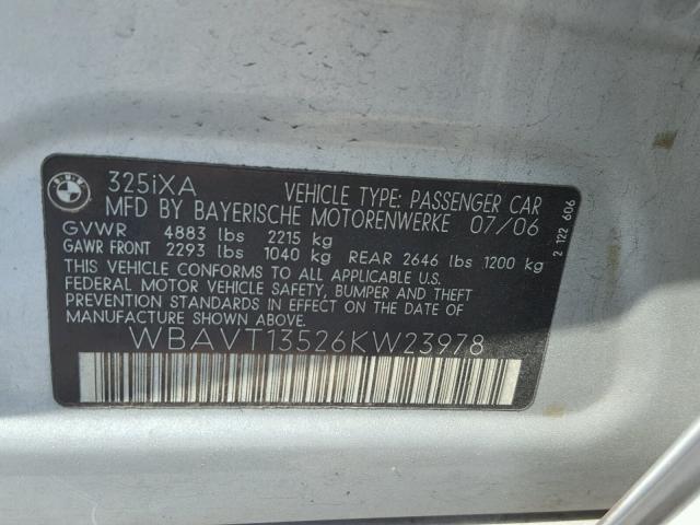 WBAVT13526KW23978 - 2006 BMW 325 XIT SILVER photo 10