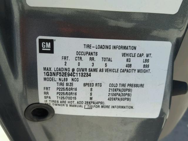 1G3NF52E94C113234 - 2004 OLDSMOBILE ALERO GLS 灰色 照片 10