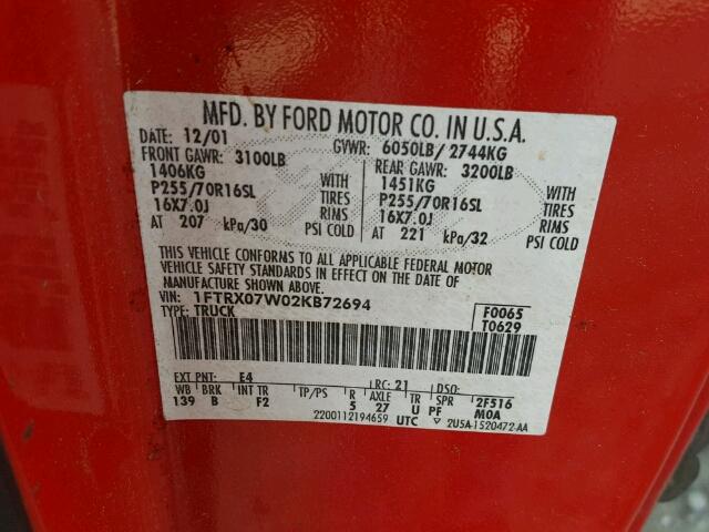 1FTRX07W02KB72694 - 2002 FORD F150 RED photo 10