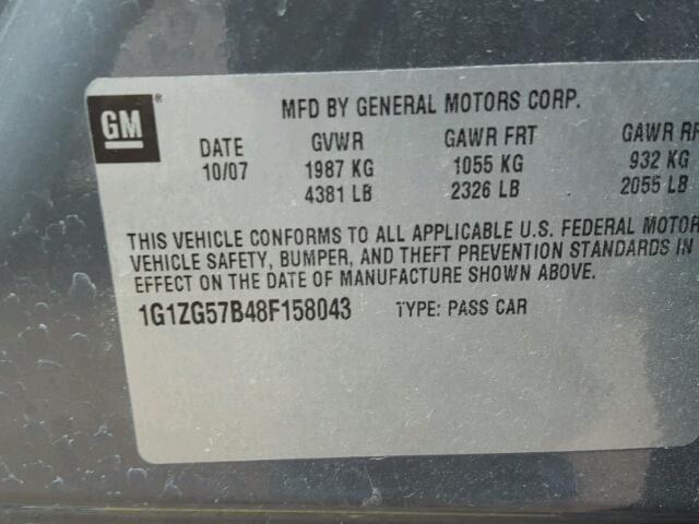 1G1ZG57B48F158043 - 2008 CHEVROLET MALIBU LS ნაცრისფერი ფოტო 10