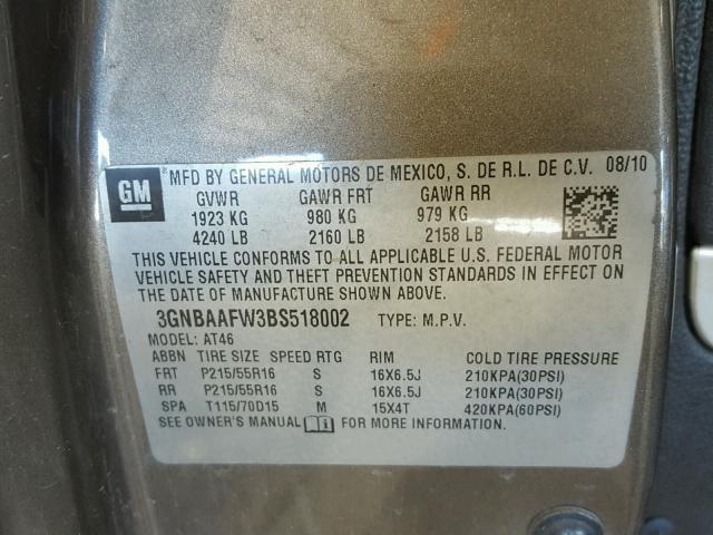 3GNBAAFW3BS518002 - 2011 CHEVROLET HHR LS ნაცრისფერი ფოტო 10