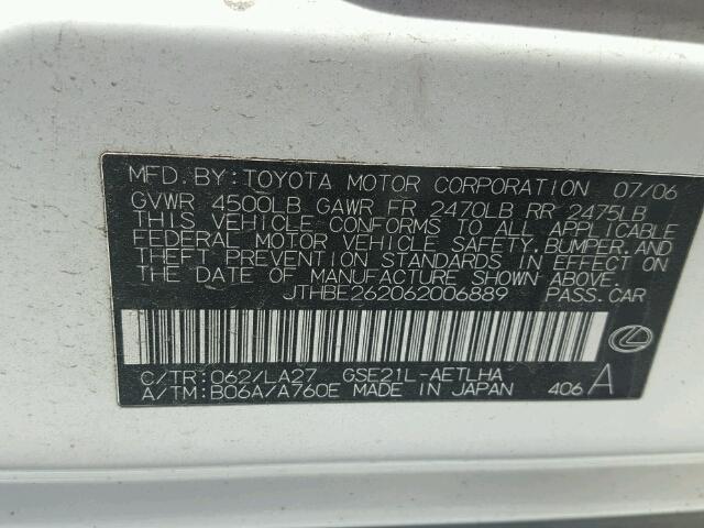 JTHBE262062006889 - 2006 LEXUS IS 350 WHITE photo 10