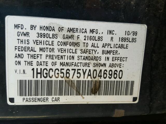 1HGCG5675YA046960 - 2000 HONDA ACCORD SE GREEN photo 10