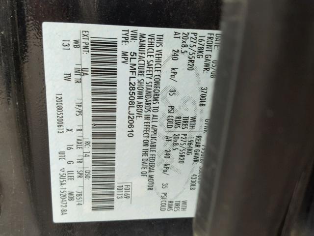 5LMFL28508LJ20610 - 2008 LINCOLN NAVIGATOR შავი ფოტო 10