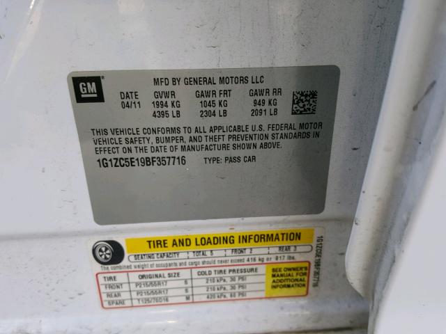 1G1ZC5E19BF357716 - 2011 CHEVROLET MALIBU 1LT WHITE photo 10