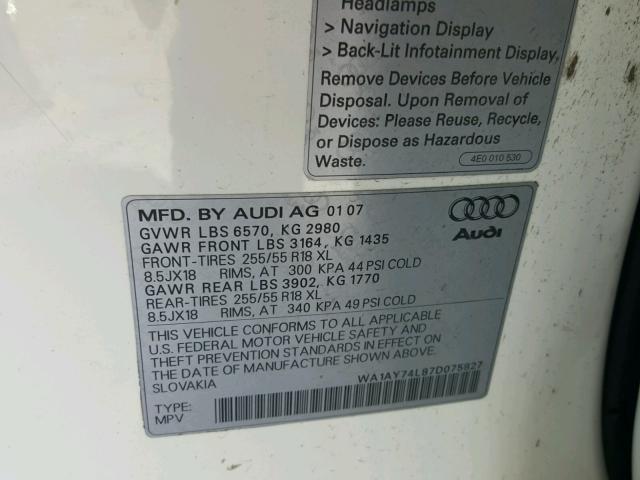 WA1AY74L87D075827 - 2007 AUDI Q7 3.6 QUA WHITE photo 10