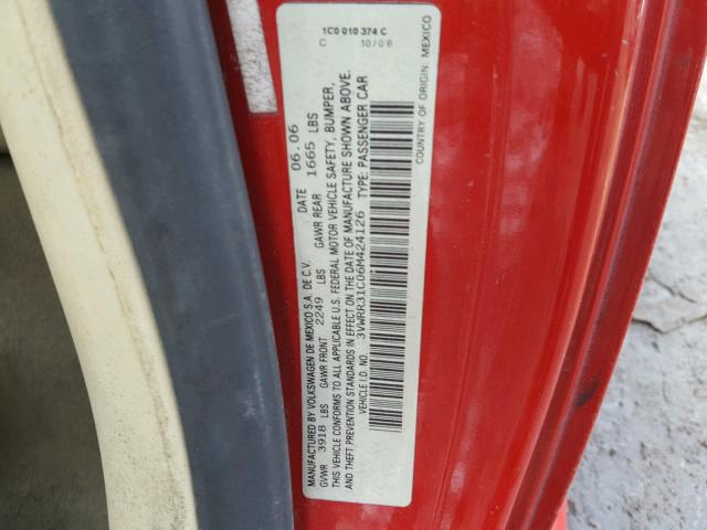 3VWRR31C06M424126 - 2006 VOLKSWAGEN NEW BEETLE წითელი ფოტო 10