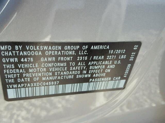 1VWAP7A3XDC045837 - 2013 VOLKSWAGEN PASSAT S SILVER photo 10