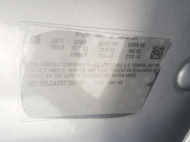 1G11B5SA8DF356998 - 2013 CHEVROLET MALIBU LS ვერცხლისფერი ფოტო 10