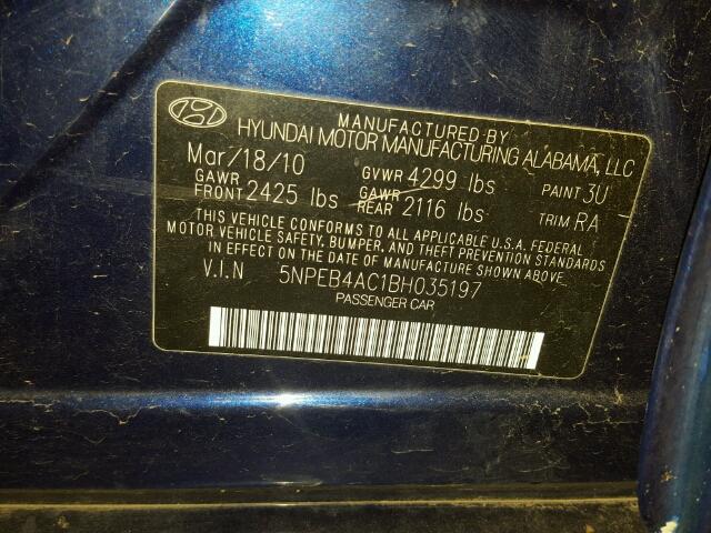 5NPEB4AC1BH035197 - 2011 HYUNDAI SONATA GLS BLUE photo 10