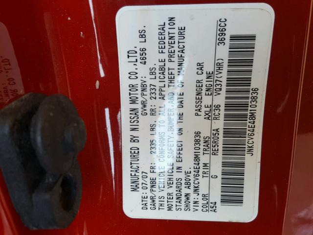 JNKCV64E48M103836 - 2008 INFINITI G37 BASE RED photo 10