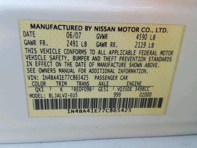 1N4BA41E77C865425 - 2007 NISSAN MAXIMA SE WHITE photo 10