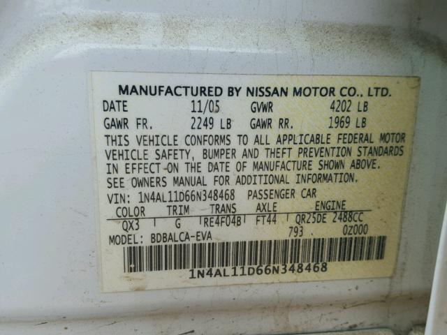 1N4AL11D66N348468 - 2006 NISSAN ALTIMA S WHITE photo 10