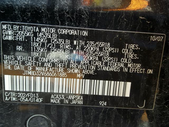 JTMBD32V686061885 - 2008 TOYOTA RAV4 SPORT BLACK photo 10