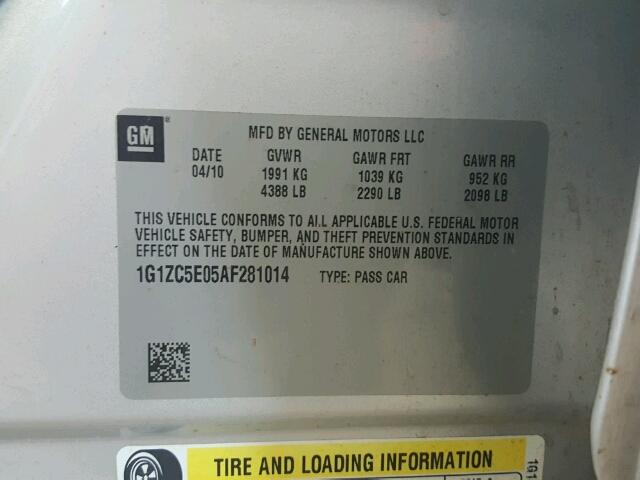 1G1ZC5E05AF281014 - 2010 CHEVROLET MALIBU 1LT SILVER photo 10