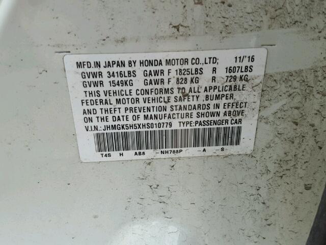 JHMGK5H5XHS010779 - 2017 HONDA FIT LX أبيض صورة 10