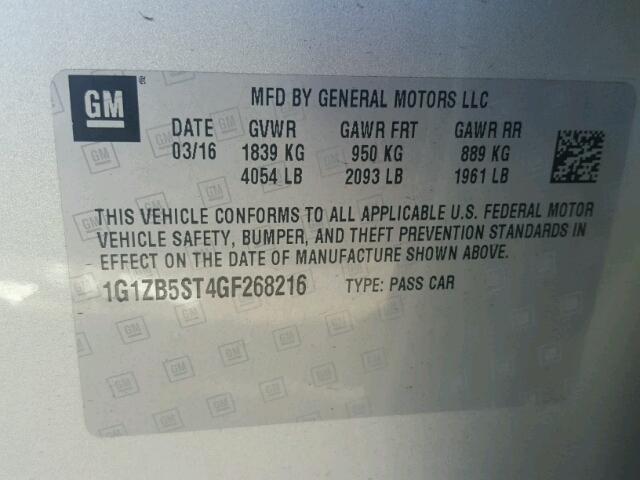 1G1ZB5ST4GF268216 - 2016 CHEVROLET MALIBU LS ვერცხლისფერი ფოტო 10