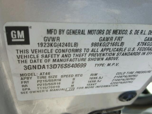 3GNDA13D76S640699 - 2006 CHEVROLET HHR LS SILVER photo 10