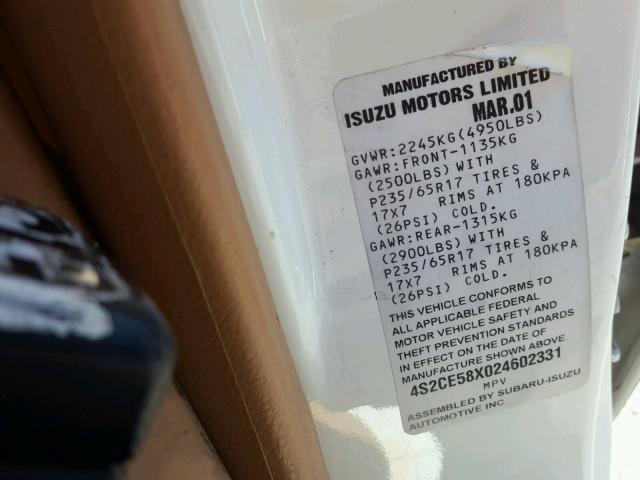 4S2CE58X024602331 - 2002 ISUZU AXIOM XS WHITE photo 10