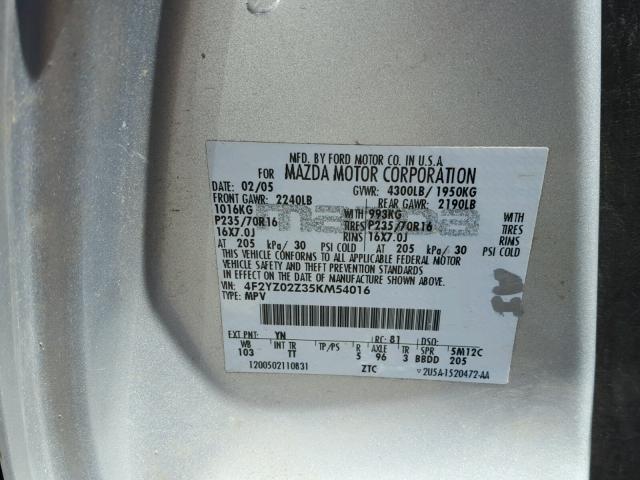 4F2YZ02Z35KM54016 - 2005 MAZDA TRIBUTE I SILVER photo 10