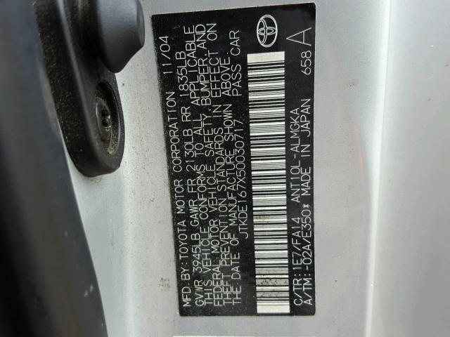 JTKDE167X50030717 - 2005 TOYOTA SCION TC 银色 照片 10