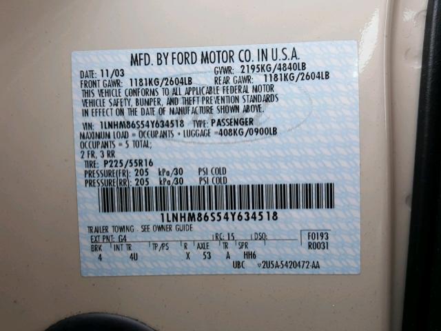 1LNHM86S54Y634518 - 2004 LINCOLN LS 奶油色 照片 10