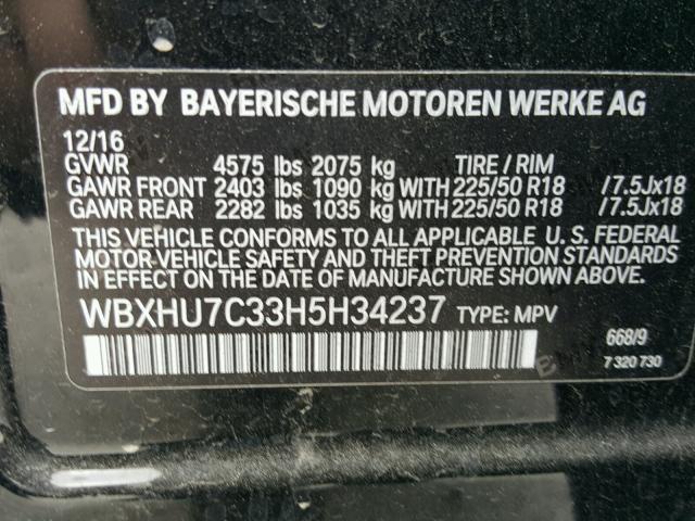 WBXHU7C33H5H34237 - 2017 BMW X1 SDRIVE2 BLACK photo 10