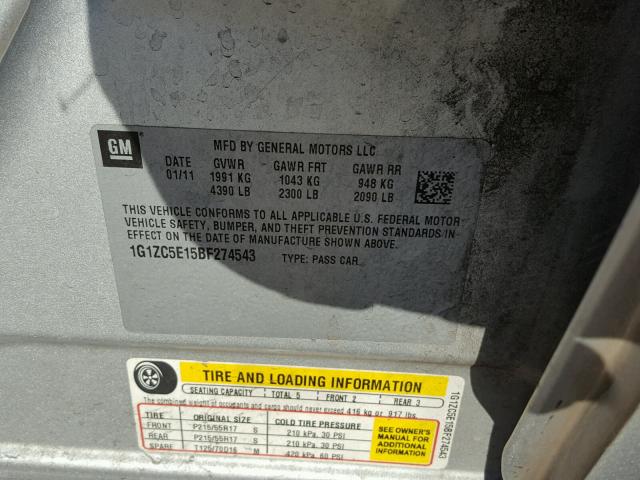 1G1ZC5E15BF274543 - 2011 CHEVROLET MALIBU 1LT 银色 照片 10