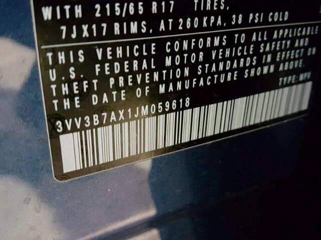 3VV3B7AX1JM059618 - 2018 VOLKSWAGEN TIGUAN SE Синій фото 10