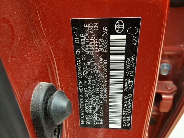 JTDKARFP6H3009780 - 2017 TOYOTA PRIUS PRIM წითელი ფოტო 10