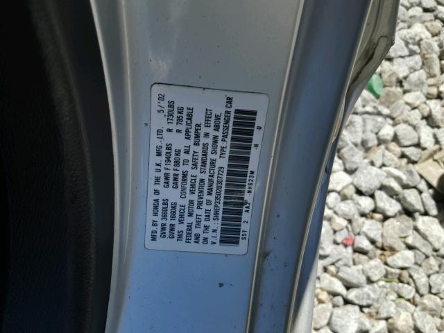 SHHEP33502U307729 - 2002 HONDA CIVIC SI SILVER photo 10