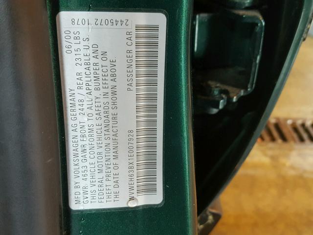 WVWEH63BX1E007928 - 2001 VOLKSWAGEN PASSAT GLX 绿色 照片 10