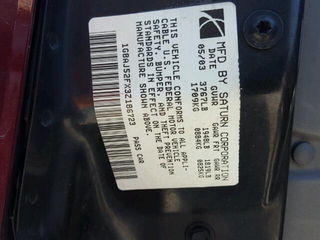 1G8AJ52FX3Z186723 - 2003 SATURN ION LEVEL ბურგუნდია ფოტო 10