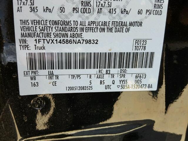 1FTVX14586NA79832 - 2006 FORD F150 BLACK photo 10