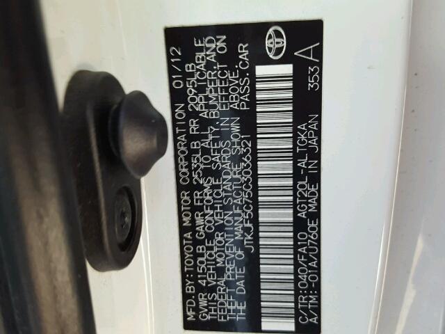 JTKJF5C75C3036321 - 2012 TOYOTA SCION TC 白色 照片 10