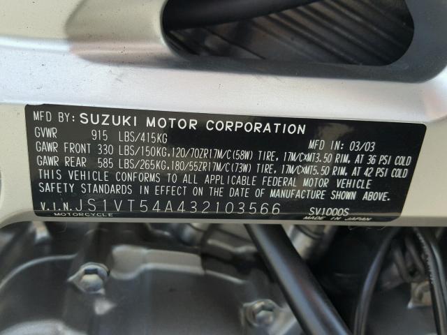 JS1VT54A432103566 - 2003 SUZUKI SV1000 SK3 SILVER photo 10