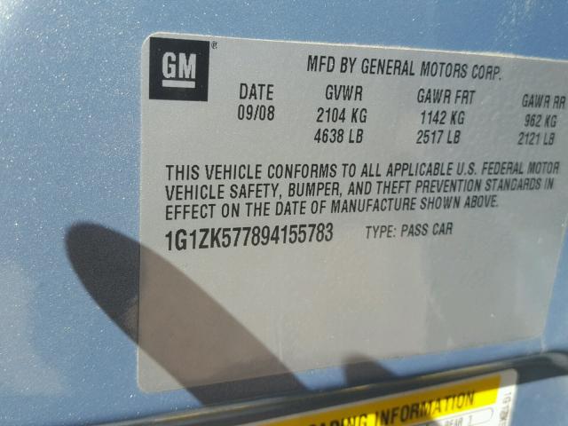 1G1ZK577894155783 - 2009 CHEVROLET MALIBU LTZ 蓝色 照片 10