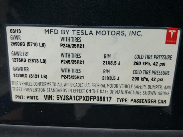 5YJSA1CPXDFP08817 - 2013 TESLA MODEL S GRAY photo 10