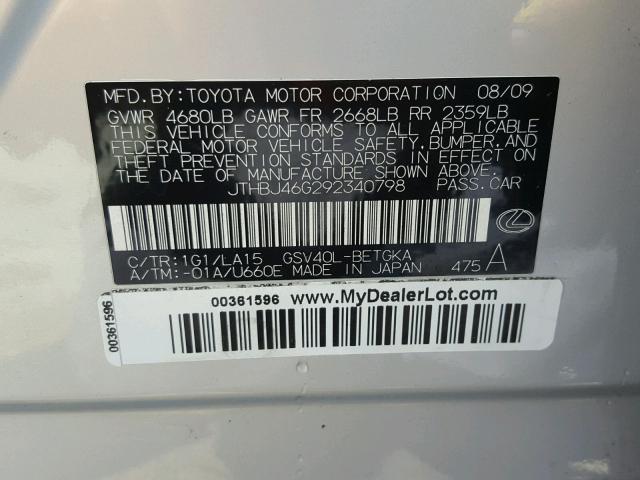 JTHBJ46G292340798 - 2009 LEXUS ES 350 SILVER photo 10