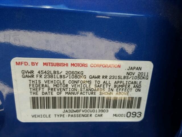 JA32W8FV0CU013903 - 2012 MITSUBISHI LANCER BLUE photo 10